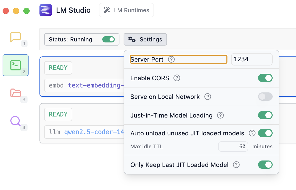 Giao diện LMStudio Server với Status đang Running
